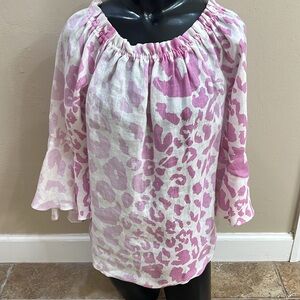 Linen Pink Animal Print Blend with Flair Sleeves Woman Small Top